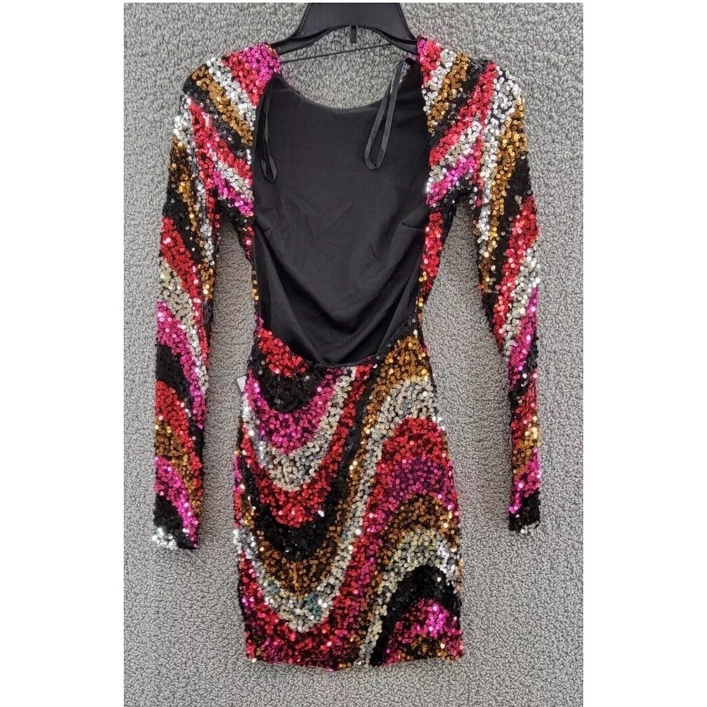 B DARLIN Sequined‎ Low-Back Mini Dress Juniors XS Multi Crew Neck Long Sleeve - Picture 8 of 12
